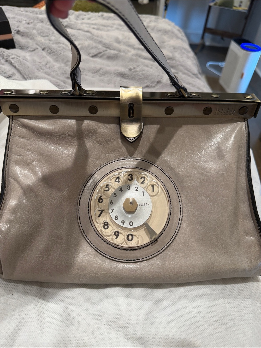 Taupe Leather Satchel with Rotary Dial Accent